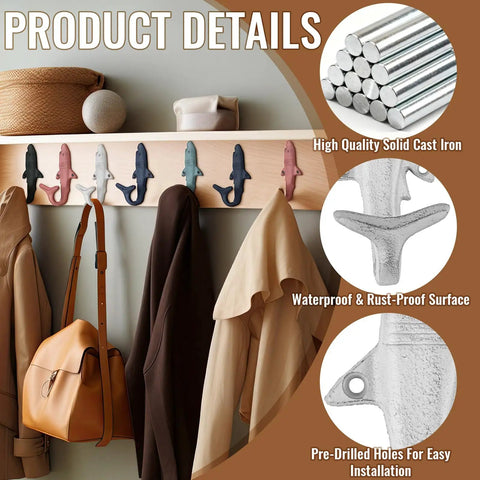 Kick It Up A Notch With These Six Piece Cast Iron Shark Tail Wall Hooks For Hanging Hats Keys Bags And Jackets shown on a shelf holding jackets and bags