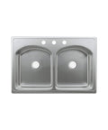 Open Concept Dual Basin Top Mount Kitchen Sink 33 x 22 Inches, 20-gauge stainless steel, overhead view of double basins.