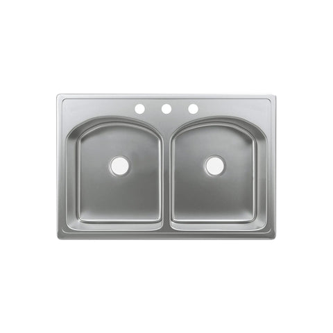 Open Concept Dual Basin Top Mount Kitchen Sink 33 x 22 Inches, 20-gauge stainless steel, overhead view of double basins.
