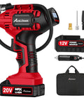 Cordless Tire Inflator Portable Air Compressor With Digital Pressure Gauge, 20V Battery, 12V DC Adapter, carry bag visible