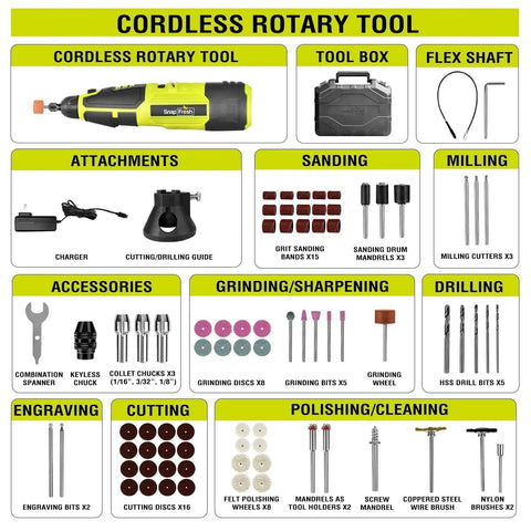 Illustration showing 12V Cordless Rotary Tool Kit With Flex Shaft And 7 Variable Speeds, Over 80 Accessories And Fast Charger, Sturdy Case.