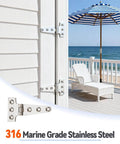 316 Stainless Steel T Hinges 8X4 Heavy Duty With Screws for outdoor use on doors, showing installation and sea view background.