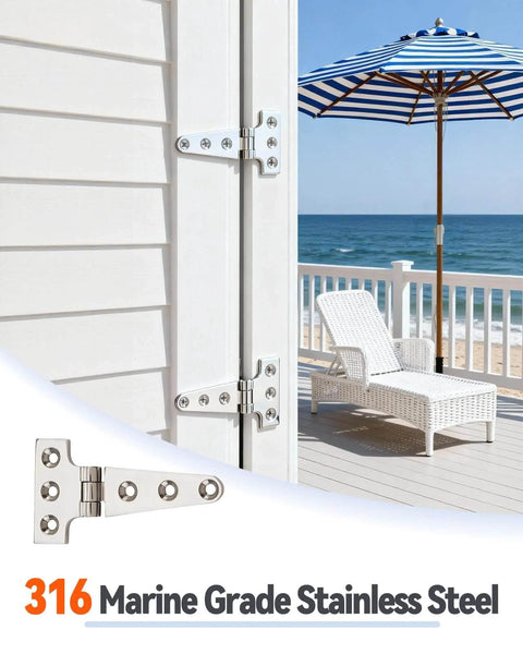 316 Stainless Steel T Hinges 8X4 Heavy Duty With Screws for outdoor use on doors, showing installation and sea view background.