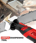 Cordless Chainsaw Sharpener Kit With 8V Motor And 2500mAh Battery Includes Six Titanium Coated Diamond Drill Bits And Angle Guide On The Go Electric Chainsaw Sharpener For Quick Onsite Chain Maintenance in use on chainsaw blade