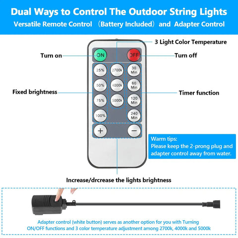 Remote for Triple Color Dimmable LED Outdoor String Lights with brightness and color temperature controls and adapter
