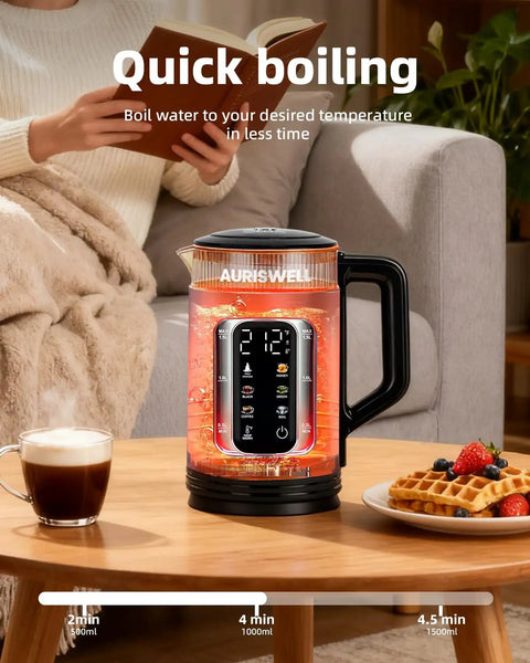 Electric Tea Kettle With Temperature Control And Glass Body For Tea And Coffee Daily Driver Smart Water Boiler on wooden table.