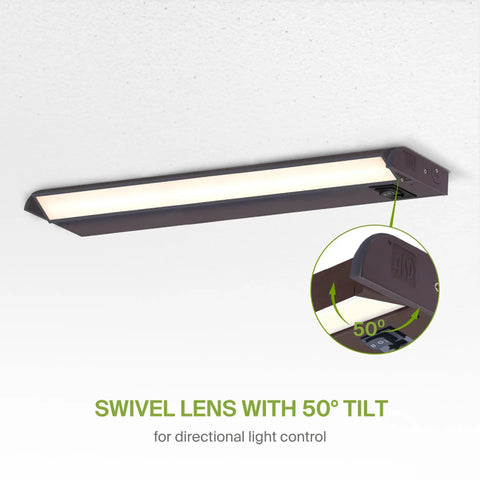 24 Inch Swivel LED Under Cabinet Lights Dimmable 3CCT 2700K To 4000K No Fuss Plug In Or Hardwired Install Bronze Finish Linkable Kitchen Counter Lighting With 50 Degree Rotatable Lens And 110 Degree Beam ETL Listed showing rotatable lens detail