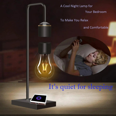 Nighttime scene with magnetic levitating light bulb above charging pad, child sleeping; Magnetic Levitating Light Bulb With Wireless Charging Pad For Apple And Android Floating LED Table Lamp Anti Shock Borosilicate Glass Night Light Dope Desk Toy And Bedroom Gift displayed.