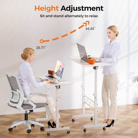 Two women using an adjustable standing desk with tilted tabletop for home office, demonstrating height range 30.7 to 46.4 inches.