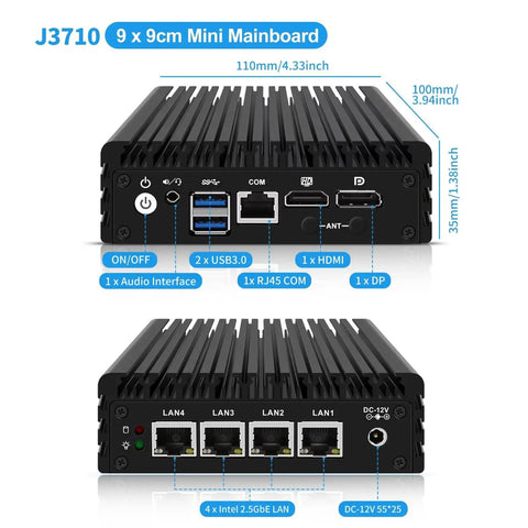 Badass Little Firewall Rig With Four 2.5GbE Ports For Rock Solid OPNsense Routing And Serious Network Security Mini Pc J3710 Quad Core Aes-Ni Barebone Build Supports Ddr3 Storage Plus Dual Monitor Outputs, showcasing 9x9cm mini mainboard with ports.