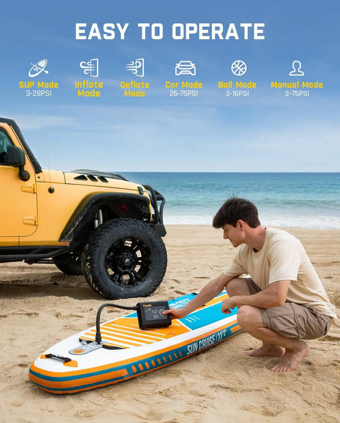 All-In-One Tire And SUP Inflator Pump With Deflation, 75 PSI, Easy Quick-Connect Hose, Dual-Mode For Car Tires And Paddle Boards, High-Flow Inflation And Precise Deflation on SUP on beach