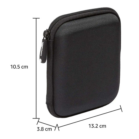 Slick Go To Hella Tough Hardshell Carry Case For Portable External Hard Drives With Secure Zipper Closure And Inner Mesh Pocket, shown with dimensions.