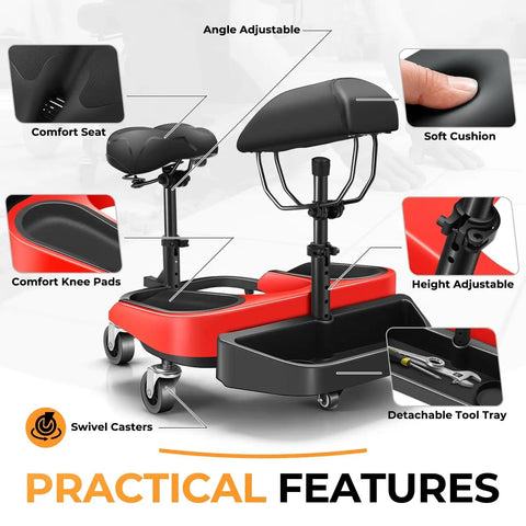 All Day Comfort Heavy Duty Rolling Knee Creeper With Seat And Chest Support, 300 Lbs Capacity, Aluminum Frame, Swivel Casters