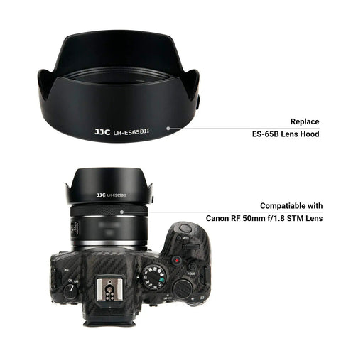 Tulip Flower Lens Hood For RF 50mm F1.8 STM On EOS R6 R5 RP Cameras Reversible Shade Replacing ES 65B shown with camera compatibility