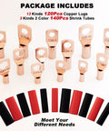No Brainer Pro Grade Copper Wire Lugs Connectors Kit With Heat Shrink Tubing And Ring Terminals For Auto Electrical Wiring AWG 12 10 8 6 4 2, Includes 120 Battery Cable Lugs And 140 Heat Shrink Tubing displayed on white background