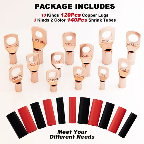 No Brainer Pro Grade Copper Wire Lugs Connectors Kit With Heat Shrink Tubing And Ring Terminals For Auto Electrical Wiring AWG 12 10 8 6 4 2, Includes 120 Battery Cable Lugs And 140 Heat Shrink Tubing displayed on white background