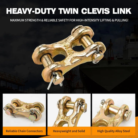 Tough As Nails 3/8 Inch Twin Clevis Link Pack Of 2 forged from G70 alloy steel, showing reliable connectors for towing.