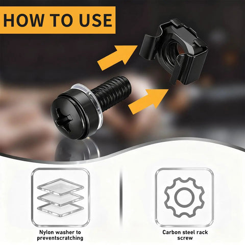 Professional Grade Rack Mount Screws And Cage Nuts Kit With Nylon Washers M6 X 20mm Carbon Steel Hardware For Server Racks Network Cabinets components showing rack screw with nylon washer and cage nut.
