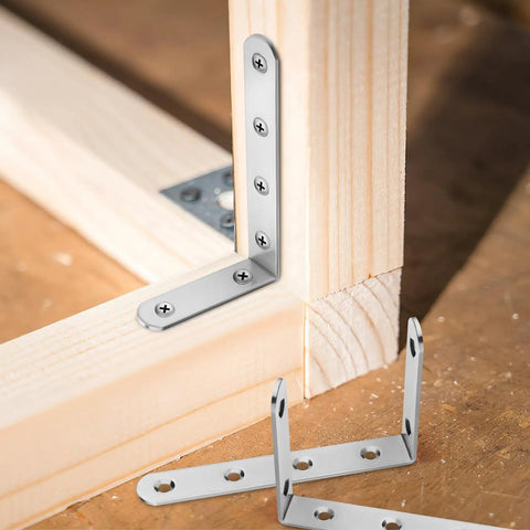 Heavy Duty L Shaped Shelf Brackets For Wood Shelves Stainless Steel 10 Pack Corner Supports in use on wooden frame