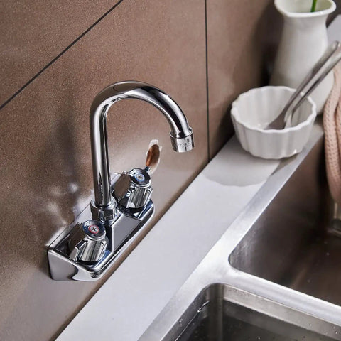 Beefy Pro Grade Commercial Kitchen Sink Faucet Wall Mount With 4 Inch Center Spout Gooseneck Dual Knob Handles Brass Construction