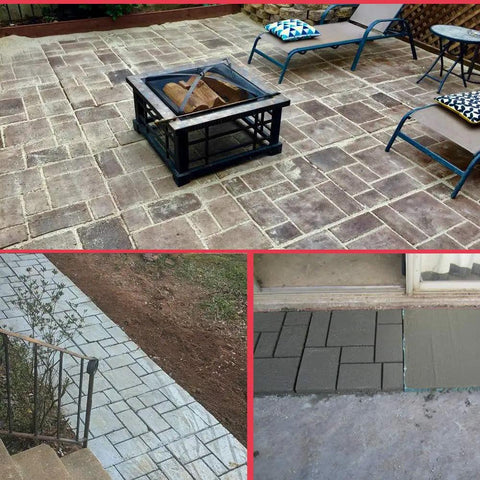 Image showcasing Plus Size Concrete Path Maker Molds No Skills Needed 20 By 20 By 1.8 Inches Reusable Stepping Stone Pavers arranged as patio and walkway.