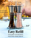 Must-Have Salt and Pepper Grinder Set With Stand, Glass Body Grinders With Stainless Steel Caps shown with dimensions