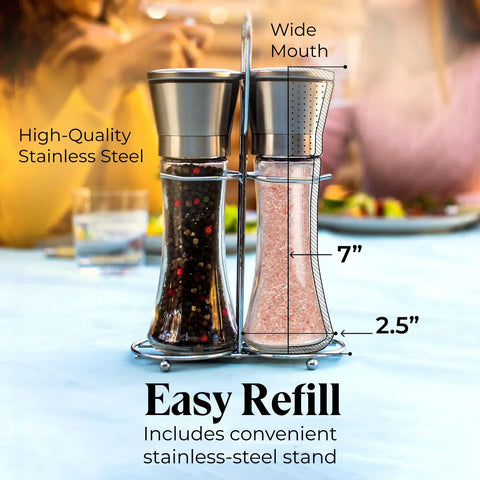Must-Have Salt and Pepper Grinder Set With Stand, Glass Body Grinders With Stainless Steel Caps shown with dimensions
