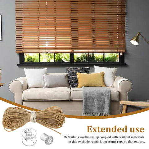 Universal Rv Pleated Shade Repair Kit With Heavy Duty Cord Hold Downs And Tension Springs For Camper Window Blinds Hassle Free Diy Restringing Refresh, features brown blinds in a cozy living room.