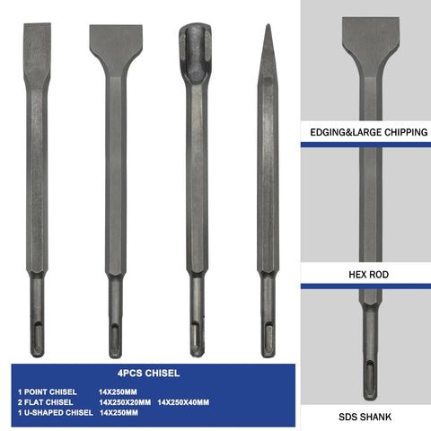 17 Piece SDS Plus Rotary Hammer Drill Bit And Chisel Set Carbide Tipped For Concrete Masonry Stone And Brick includes chisels