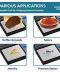 Pocket Size Digital Scale With 200g Capacity And 0.01g Precision shown with coffee grounds, spices, jewelry, and stones.