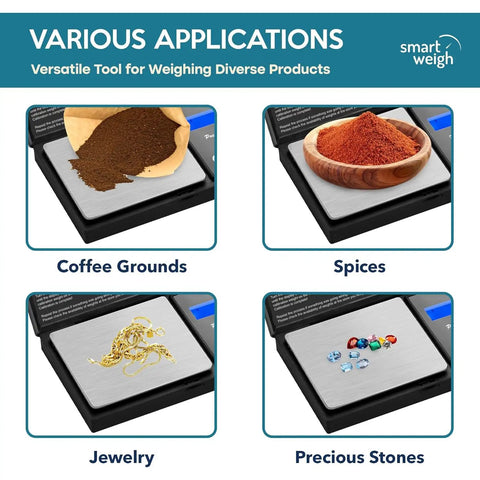 Pocket Size Digital Scale With 200g Capacity And 0.01g Precision shown with coffee grounds, spices, jewelry, and stones.