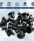 Five Zero Pcs Silicone Rubber Plugs For Holes 1/8 Inch To 3/8 Inch Bumpers Seal Dust And Gaps On Wood Or Metal Make Surfaces Look Nice Tight Fit Stuff black rubber hole plugs set, 1/8 to 3/8 inch, shown with heat and UV resistance icons