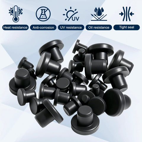 Five Zero Pcs Silicone Rubber Plugs For Holes 1/8 Inch To 3/8 Inch Bumpers Seal Dust And Gaps On Wood Or Metal Make Surfaces Look Nice Tight Fit Stuff black rubber hole plugs set, 1/8 to 3/8 inch, shown with heat and UV resistance icons