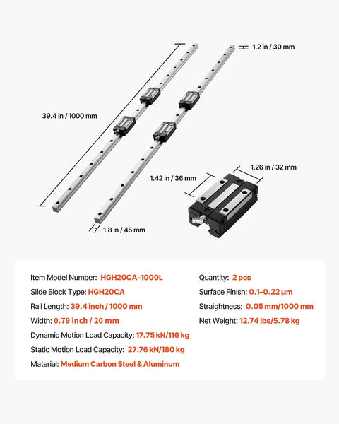 Linear Rail Guide Kit HGR20 1000 mm Two Rails And Four Bearing Blocks with dimensions and specifications for CNC machines.