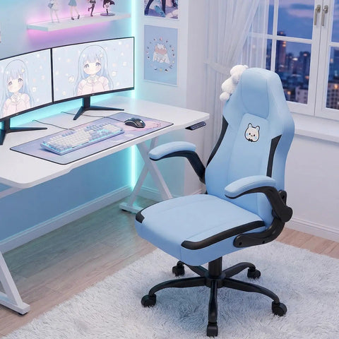 Light blue ergonomic desk chair with lumbar support, flip up armrests, PU leather in gaming setup for long work sessions.