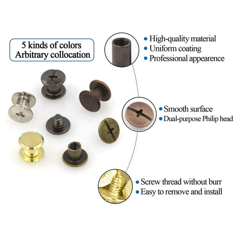 100 Sets Assorted Chicago Screws Kit For DIY Leather Craft In 5 Colors Black Silver Gold Bronze Red Copper 6mm Post Height 9mm Head Diameter 5mm Shank Includes Book Binding Posts And Nail Rivets displayed with features and benefits.