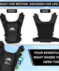 Front and back view of Everyday Chest Pack For Hiking, Skiing, Running And Travel with grab and go phone pocket and main compartment.