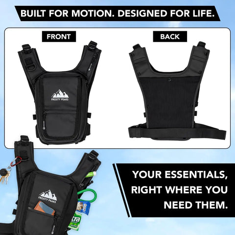 Front and back view of Everyday Chest Pack For Hiking, Skiing, Running And Travel with grab and go phone pocket and main compartment.