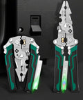 Pro Grade Badass Heavy Duty Foldable Wire Stripper And Multi Function Crimper on black background with illuminated features.
