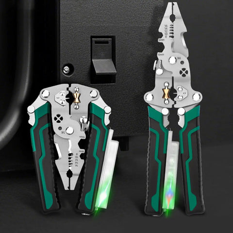 Pro Grade Badass Heavy Duty Foldable Wire Stripper And Multi Function Crimper on black background with illuminated features.