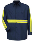 Men Heavy Duty High Visibility Work Shirt With Moisture Wicking Fabric And Bold Reflective Safety Strips Built Tough As Nails For The Daily Grind And All Day Comfort In Navy Yellow Green 3x Large front view with two pockets and reflective safety strips