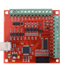 USB 100KHz Motion Controller Board For CNC Engraving With 0 To 10V Analog Output And Optional 0 To 5V Config Limit Switch Ready High Speed 100KHz Pulse Drive For CNC Servo Motors And Hobby CNC Enthusiasts. red PCB with screw terminals and USB port