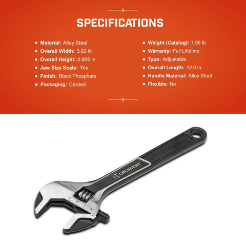 12 Inch Wide Jaw Adjustable Wrench With Micro Serrations For A Tighter Grip And 4x Torque, black handle, alloy steel.