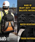 Back view of person wearing Beefy Heavy Duty Tool Backpack Pro With 39 Pockets And Molded Bottom For Big Power Tool Storage.