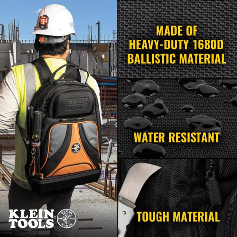 Back view of person wearing Beefy Heavy Duty Tool Backpack Pro With 39 Pockets And Molded Bottom For Big Power Tool Storage.