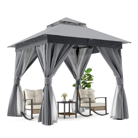 Heavy Duty 8x8 Patio Gazebo For Backyard Hangouts, Double Roof Shelter With Mosquito Netting And Privacy Screens, Weatherproof Outdoor Party Tent For Garden And Lawn Gray