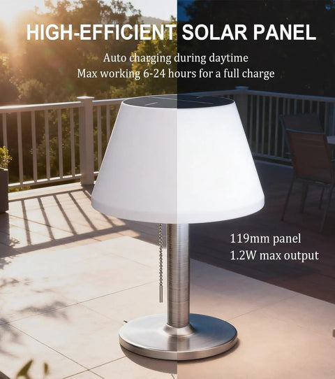 Solar Powered Outdoor Table Lamp With 3 Way Dimmable LED shown on a patio with pull chain detail, lit under sunlight