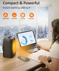 Compact Ceramic Space Heater With 1500W And 900W Modes, heating a small desk area next to a laptop in a wintry room.