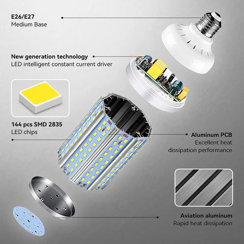 Exploded view of Two Pack 30W LED Corn Light Bulbs 200W Equivalent Ultra Bright 6000 Lumens 6500K Cool White with components labeled