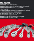 VersaStack Mechanic Tool Set 71 Piece One Quarter and Three Eighths Drive SAE and Metric Sockets Ratchets Hex Keys Adapters Case with Polish Chrome Finish on red background